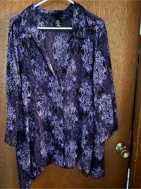 Purple Printed Sheer Button-Front Blouse
